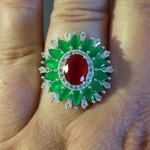 10k White Gold Finish Over Sterling Silver Emerald Ruby Diamond Cluster Ring 10